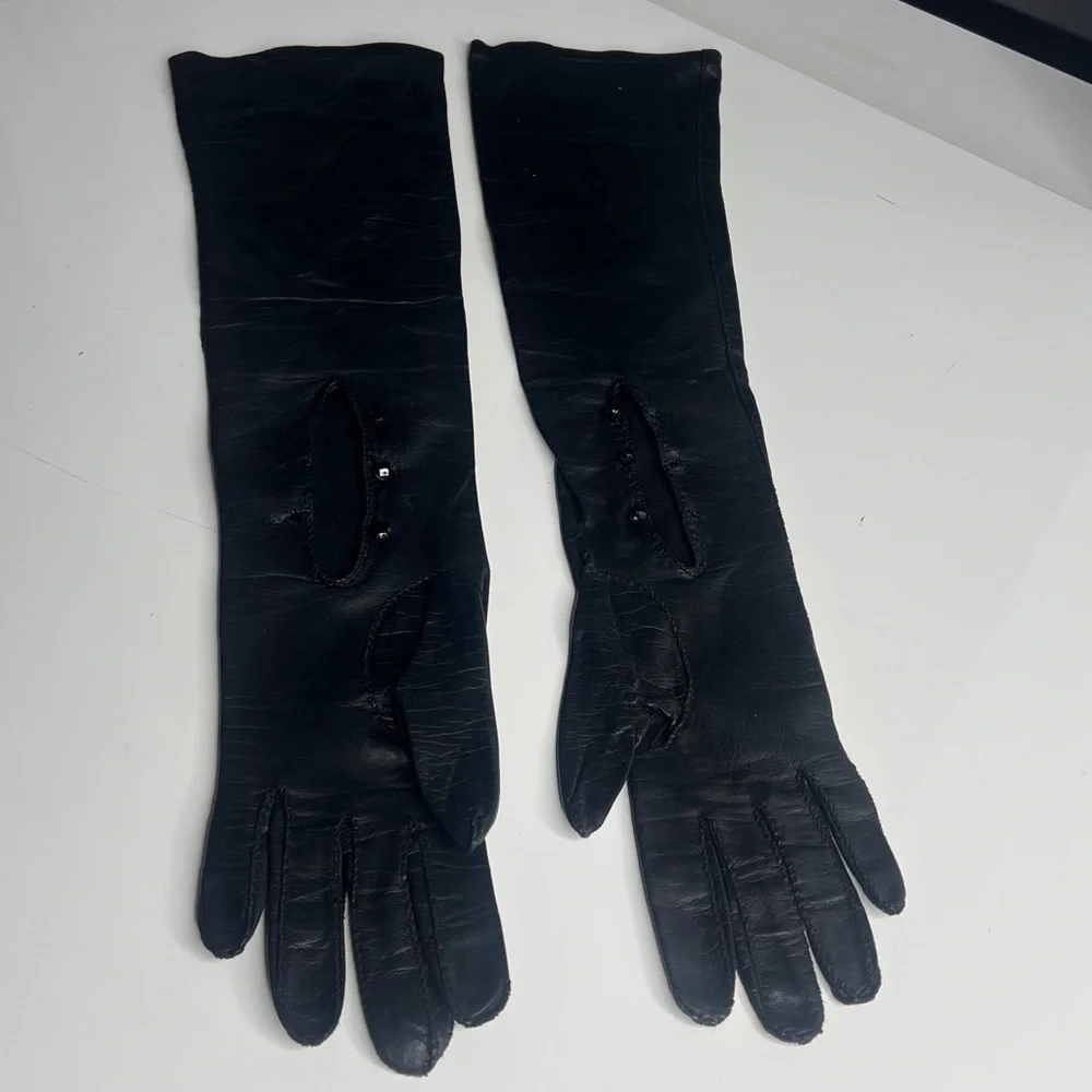 Black 20” Leather Sz 6 Opera Length Gloves Black Crystal Buttons Palm Opening